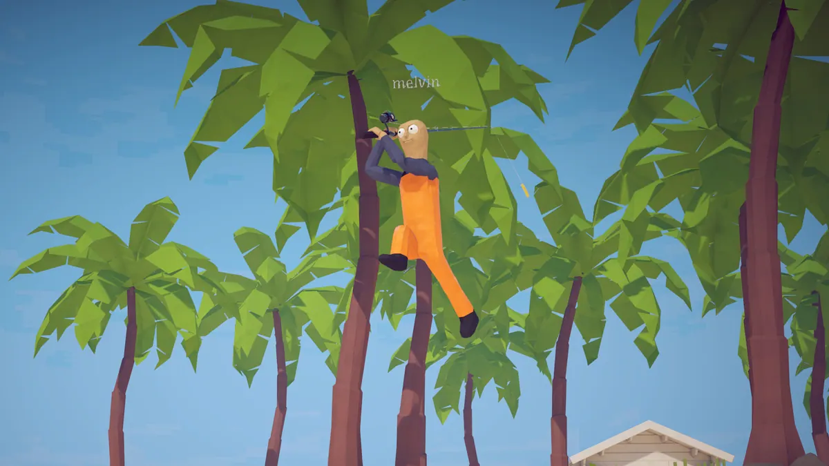 A How to Fish player uses a fishing rod from the top of a palm tree