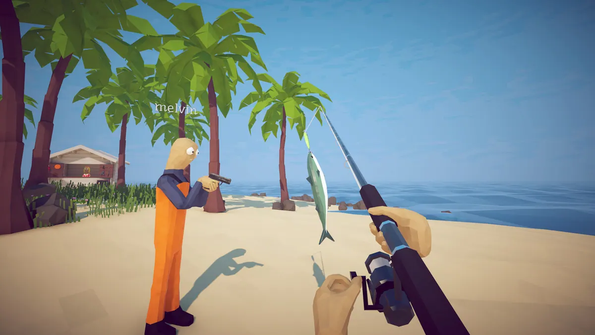 A player catches a fish on a tropical island in How to Fish