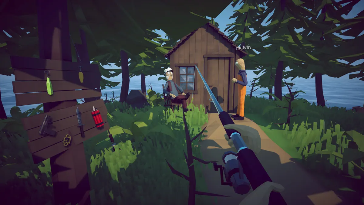 A player meets an island character near a lure and equipment board in How to Fish